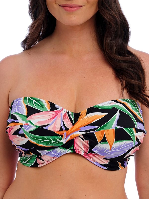 Fantasie Mykonos Cove Bandeau Bikini Top. Underwired swimwear top with lightly padded foam cups, a flattering twist front detail, a sweetheart neckline, powernet lined wings for support and anchorage and detachable scarf tie straps. Product is hand wash only.