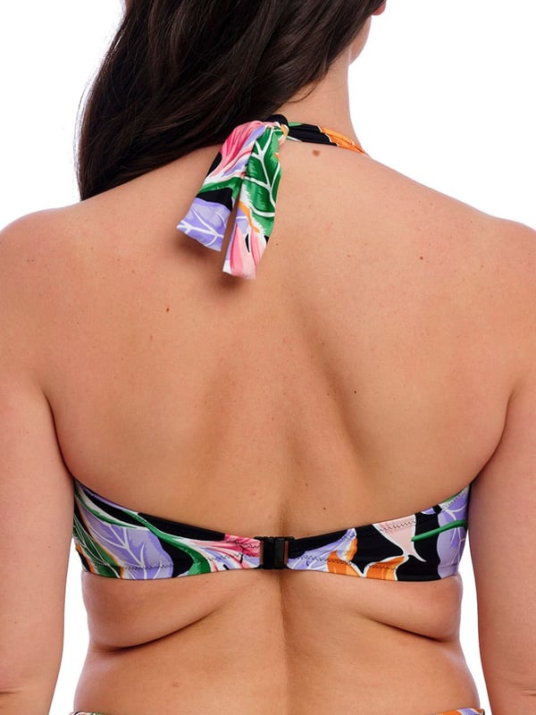 Fantasie Mykonos Cove Bandeau Bikini Top. Underwired swimwear top with lightly padded foam cups, a flattering twist front detail, a sweetheart neckline, powernet lined wings for support and anchorage and detachable scarf tie straps. Product is hand wash only.