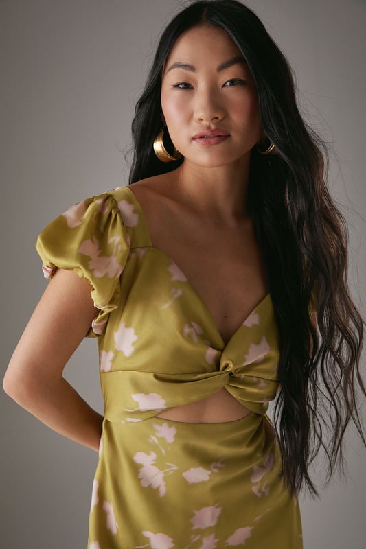 Petite Satin Knot Front Cut Out Midi Dress