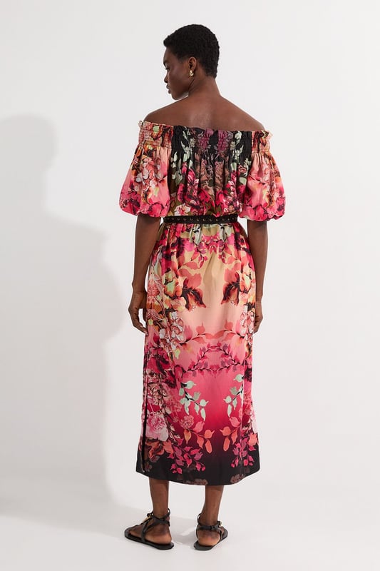 Voile Mirrored Floral Woven Bardot Midi Dress