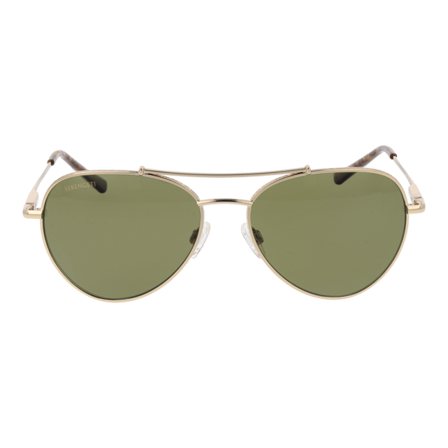 Serengeti Sunglasses SS599005 Pete Gender: Unisex
Main color: Gold
Frame color: Gold
Frame material: Metal
Lenses color: Green
Lenses material: Plastic
Filter category: 3
Lenses effect: photochromatic & polarized
Protection: 100% UVA & UVB
Lenses width: 58
Lenses height: 48
Bridge width: 18
Frame width: 145
Temples length: 145
Style: Aviator
Rim style: Full-Rim
Spring hinge: Yes
Extra: No extra
Shipment includes: Branded case
Country: Italy