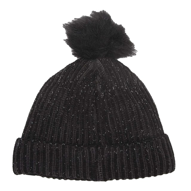 50% Acryl, 50% Gerecycled Polyester. Voering: Fleece. Stof: Gebreid, Geribd. Ontwerp: Logo. Faux Fur Pom Pom, omgeslagen manchet.