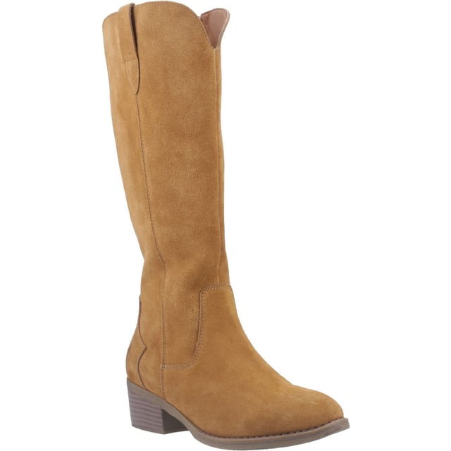 Hush Puppies Isabella Suede Women's Tan Heeled Knee High Boots Embrace the cowboy trends with the Isabella long boot, crafted in real suede with Western-inspired buckle detail and a comfy block heel. Seriously cosy, they're the perfect partner for Winter adventures with our WorryFree water repellent tech.