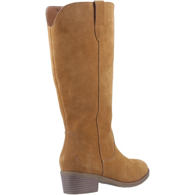 Hush Puppies Isabella Suede Women's Tan Heeled Knee High Boots Embrace the cowboy trends with the Isabella long boot, crafted in real suede with Western-inspired buckle detail and a comfy block heel. Seriously cosy, they're the perfect partner for Winter adventures with our WorryFree water repellent tech.