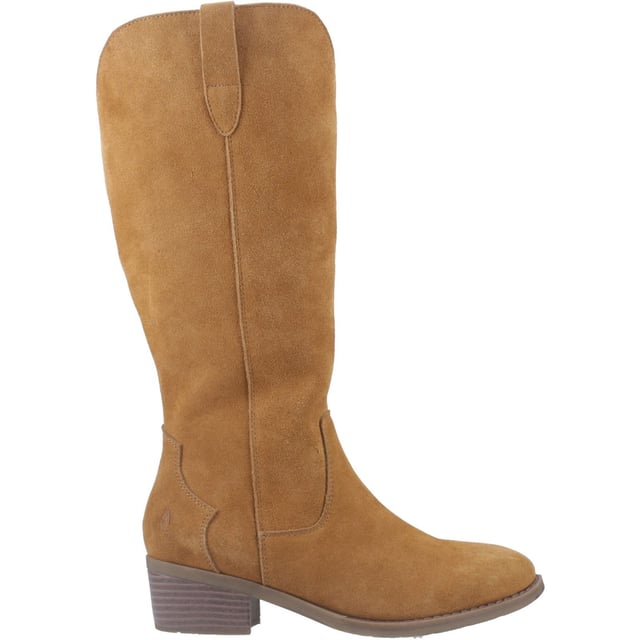 Hush Puppies Isabella Suede Women's Tan Heeled Knee High Boots Embrace the cowboy trends with the Isabella long boot, crafted in real suede with Western-inspired buckle detail and a comfy block heel. Seriously cosy, they're the perfect partner for Winter adventures with our WorryFree water repellent tech.