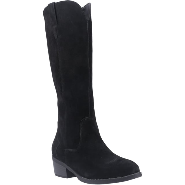 Hush Puppies Isabella Suede Women's Black Heeled Knee High Boots Embrace the cowboy trends with the Isabella long boot, crafted in real suede with Western-inspired buckle detail and a comfy block heel. Seriously cosy, they're the perfect partner for Winter adventures with our WorryFree water repellent tech.