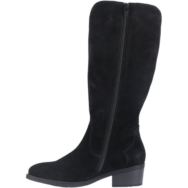 Hush Puppies Isabella Suede Women's Black Heeled Knee High Boots Embrace the cowboy trends with the Isabella long boot, crafted in real suede with Western-inspired buckle detail and a comfy block heel. Seriously cosy, they're the perfect partner for Winter adventures with our WorryFree water repellent tech.