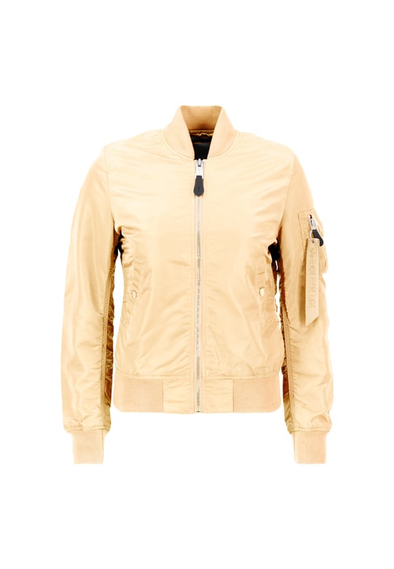 The MA-1 VF LW bomber jacket for women is a slim-fit jacket with a shiny zipper and a pen pocket. This stylish jacket is perfect for any occasion, whether you want to dress up or keep it casual.