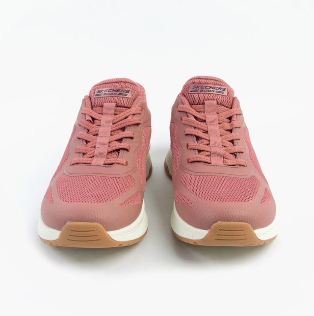 The Skechers BOBS SQUAD 4 trainers feature a synthetic and mesh upper with air-cooled memory foam for comfort. Designed for casual fitness, they have a low-top style with a rubber sole and lace-up closure