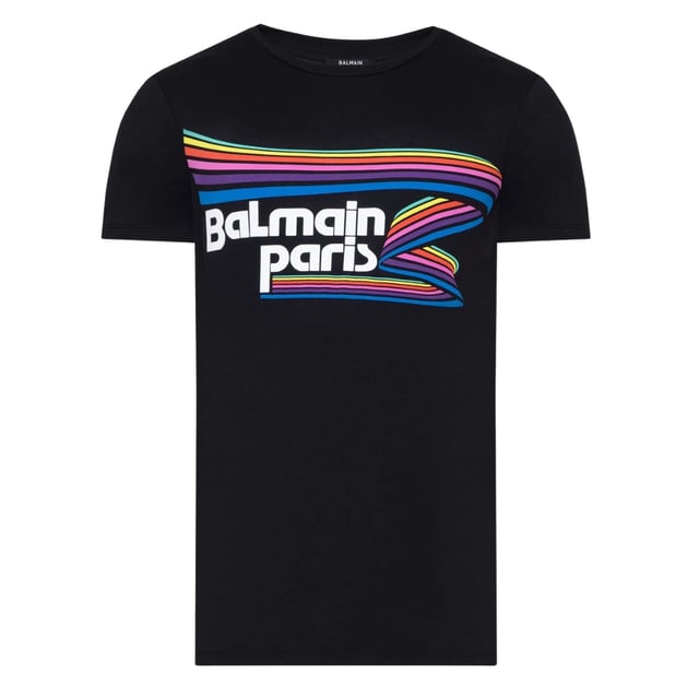 Elevate your wardrobe with the Balmain Paris Rainbow Multi Logo Black T-Shirt, a striking blend of luxury and casual style. Crafted from 100% premium cotton in Portugal, this black tee offers exceptional comfort and durability. The vibrant rainbow multi-logo design adds a bold, contemporary edge, making it perfect for those who want to stand out effortlessly. Whether paired with jeans or layered under a jacket, this Balmain T-shirt brings a touch of Parisian sophistication to your everyday look. Experience the perfect fusion of quality and fashion with this must-have piece
