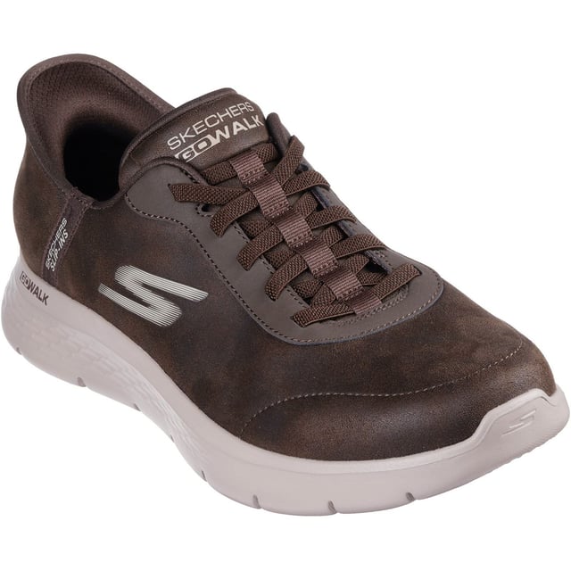 Skechers GO WALK Flex Smooth Motion Textil Herren Braune Laufschuhe Einfach in flexiblen Komfort und Stil schlüpfen mit den Hands Free Slip-ins: GO WALK Flex - Smooth Motion. Entworfen mit unserem exklusiven Fersenpolster, verfügt dieser Slip-On-Sneaker über eine Air-Cooled Memory Foam Innensohle und leichte ULTRA GO-Dämpfung.