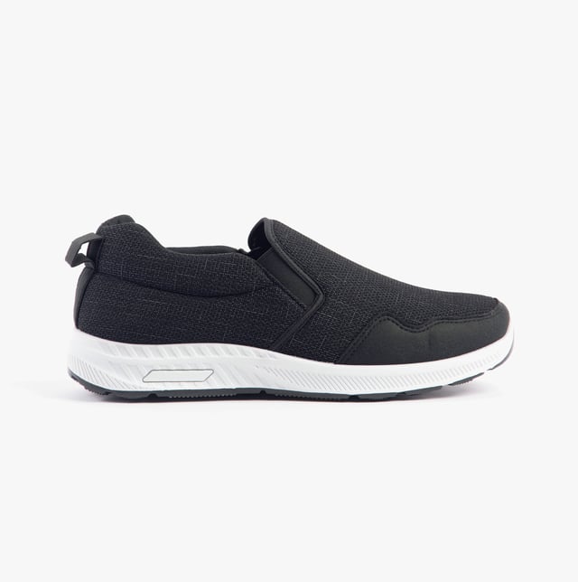 These wide-fit men's trainers feature a textile upper and lining with a rubber sole, offering comfort and breathability. Ideal for casual wear with a low-top slip-on design