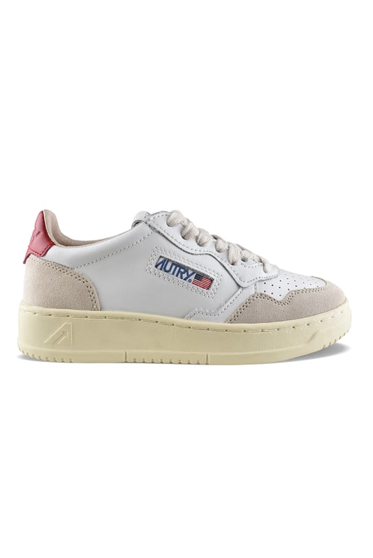 Zapatillas bajas Autry de piel blanca y ante beige.Parche del logotipo en el exterior. Parte superior de piel naranja con logotipo en relieve.Lengüeta con parche del logotipo.Suela de goma con efecto amarilleado. Cierre con cordones. Puntera redonda perforada.100% piel.