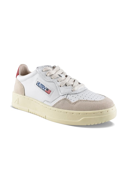 Zapatillas bajas Autry de piel blanca y ante beige.Parche del logotipo en el exterior. Parte superior de piel naranja con logotipo en relieve.Lengüeta con parche del logotipo.Suela de goma con efecto amarilleado. Cierre con cordones. Puntera redonda perforada.100% piel.
