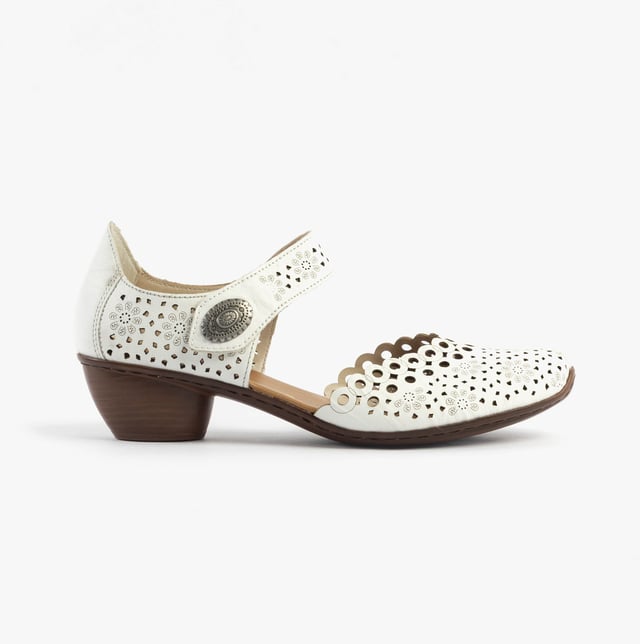 Rieker 43753-80 Womens Shoes White These Mary Jane shoes feature coated leather uppers, synthetic lining, a breathable design, and a low block heel, ideal for casual wear and all-day comfort
