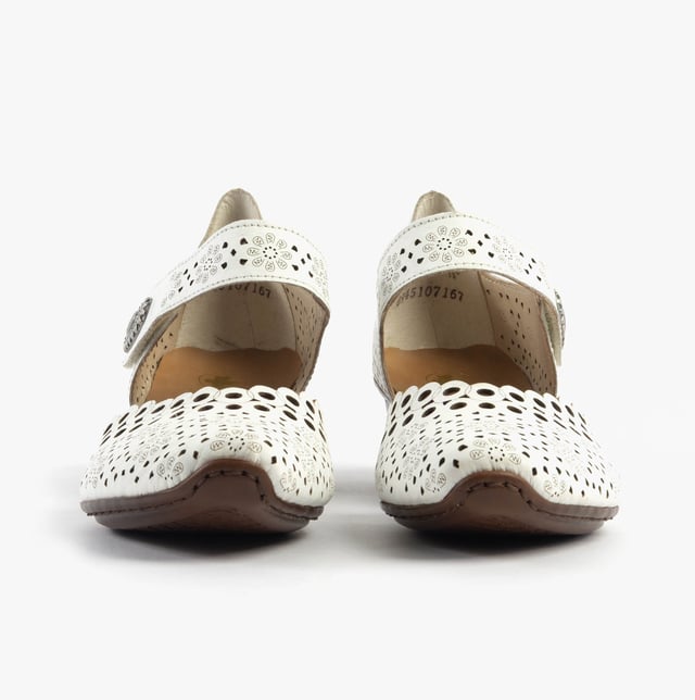 Rieker 43753-80 Womens Shoes White These Mary Jane shoes feature coated leather uppers, synthetic lining, a breathable design, and a low block heel, ideal for casual wear and all-day comfort