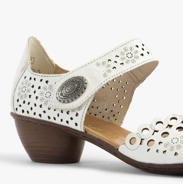 Rieker 43753-80 Womens Shoes White These Mary Jane shoes feature coated leather uppers, synthetic lining, a breathable design, and a low block heel, ideal for casual wear and all-day comfort