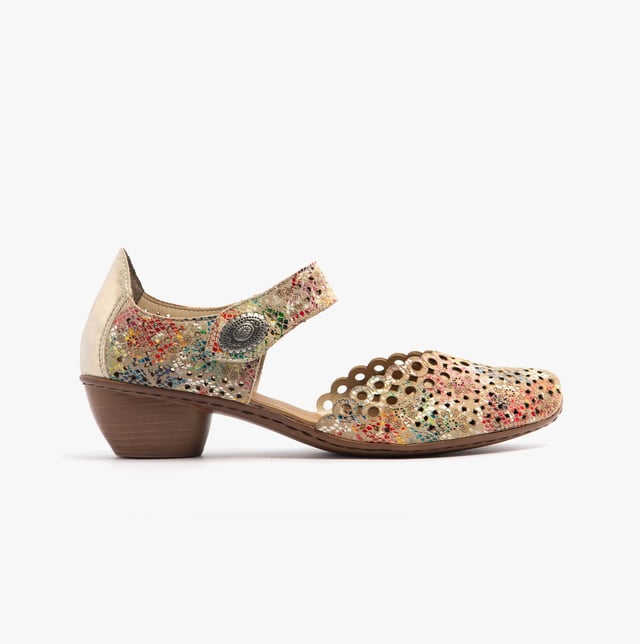 These Mary Jane shoes feature coated leather, synthetic lining, and a RIRICON sole with a low block heel. Designed for comfort and breathability, ideal for casual wear