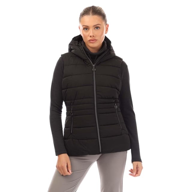 100% Polyester. Vulling: Gerecycleerd. Stof: Glans, Keper. Ontwerp: Badge, gewatteerd. Stoftechnologie: Hoge warmte, isolerend, douchebestendig, waterafstotend. Kinbeschermer, Versierde ritstrekker, Binnenritsbeschermer, Laag Bulkvulling. Halslijn: Kap, staande kraag. Mouwtype: Mouwloos. Eigenschappen van de kap: Gegroeid op de kap. Zakken: 2 Zijzakken, Rits. Sluiting: Ritssluiting vooraan. 10 VK: 34 in.