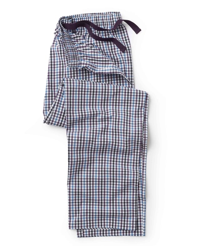Men's Blue Multi Check Cotton Lounge Pants A timeless check decorates our bestselling men’s lounge pants, made from 100% cotton soft and supple. Topped with an elasticated drawstring waist that’s fastened with an adjustable drawstring. 100% pure cotton printed poplin, cool and smooth to the touch. Fully elasticated waist with contrast herringbone. One pocket at the back with embroidered logo. Inside leg on a size Medium is 31" / 79cm. Presented in fully recyclable packaging.