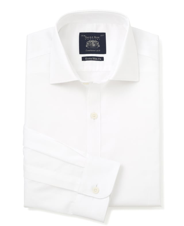 Cut to our most tailored fit, this extra slim white shirt will become the foundation of your favourite ensembles. It's made from soft cotton and finished with a curl-resistant collar and single cuffs. 100% BCI cotton twill; smooth and supple with a silk protein easy-care finish. Our slimmest fit, skimming the body. Curl resistant cutaway collar, with an integral and removable collar stay. Pucker-free french taped armhole seams. Single cuff. Split yoke, two back darts. Shirt is presented in fully recyclable packaging.