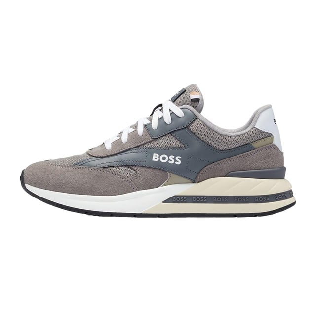 Boss - Herren Sneaker "Kurt", Leder (Grau) Marke: Boss. Obermaterial: Leder, Netzmaterial. Mittelsohle: EVA (Ethyl-Vinylacetat). Laufsohle: Gummi. Gewebetechnik: Leicht. Verstärkte Ferse. Absatz: Flach. niedrig geschnitten. Design: Kontrast Detail, Logo, Reflektierend. Zum Schnüren.