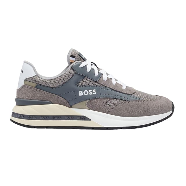 Boss - Herren Sneaker "Kurt", Leder (Grau) Marke: Boss. Obermaterial: Leder, Netzmaterial. Mittelsohle: EVA (Ethyl-Vinylacetat). Laufsohle: Gummi. Gewebetechnik: Leicht. Verstärkte Ferse. Absatz: Flach. niedrig geschnitten. Design: Kontrast Detail, Logo, Reflektierend. Zum Schnüren.