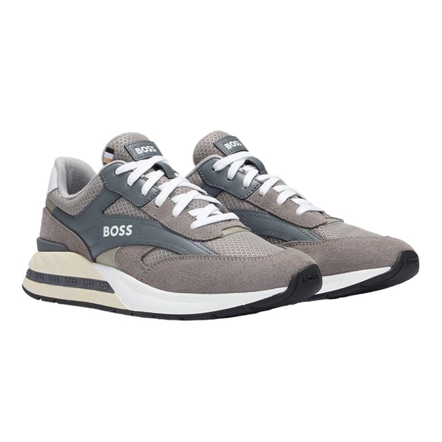 Boss - Herren Sneaker "Kurt", Leder (Grau) Marke: Boss. Obermaterial: Leder, Netzmaterial. Mittelsohle: EVA (Ethyl-Vinylacetat). Laufsohle: Gummi. Gewebetechnik: Leicht. Verstärkte Ferse. Absatz: Flach. niedrig geschnitten. Design: Kontrast Detail, Logo, Reflektierend. Zum Schnüren.