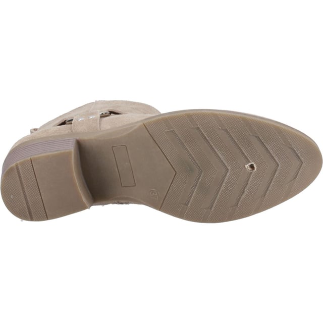 Hush Puppies Iria Suede Women's Taupe Heeled Ankle Boots Kick up your style with the Iria Boot! Real suede, a chic Western buckle, and a comfy block heel make it perfect for nailing the cowboy trend. These ankle boots are made for all-day adventures with our WorryFree water repellent protection.