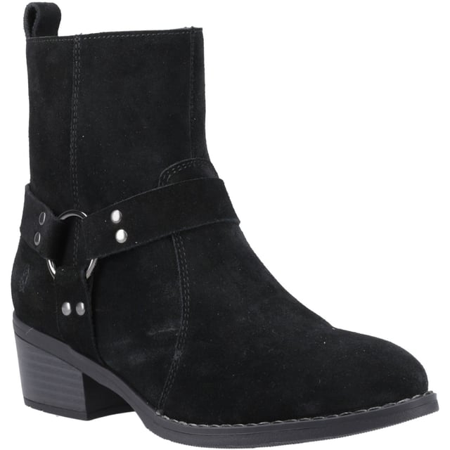 Hush Puppies Iria Suede Women's Black Heeled Ankle Boots Kick up your style with the Iria Boot! Real suede, a chic Western buckle, and a comfy block heel make it perfect for nailing the cowboy trend. These ankle boots are made for all-day adventures with our WorryFree water repellent protection.
