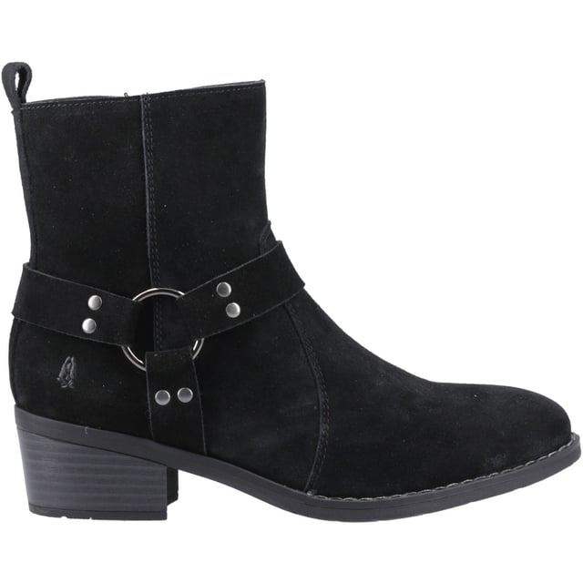 Hush Puppies Iria Suede Women's Black Heeled Ankle Boots Kick up your style with the Iria Boot! Real suede, a chic Western buckle, and a comfy block heel make it perfect for nailing the cowboy trend. These ankle boots are made for all-day adventures with our WorryFree water repellent protection.