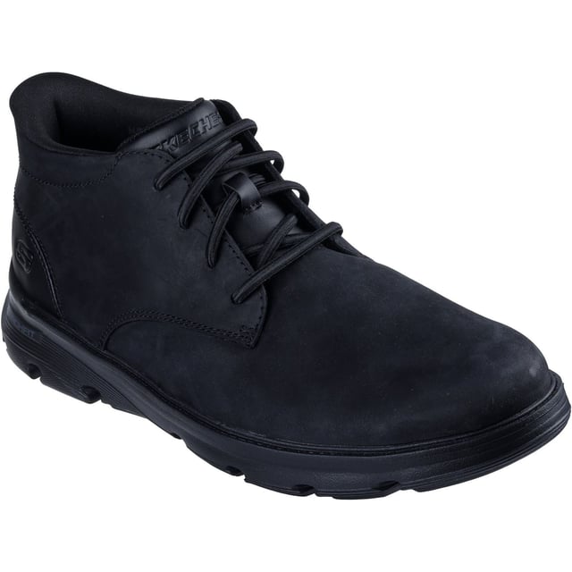 Skechers Arch Fit Garza Ridley Leder Herren Schwarz Knöchelstiefel Klassischer lässiger Stil und müheloser Komfort treffen bei den Skechers Slip-ins Garza Ridley aufeinander. Dieser Relaxed Fit-Stil verfügt über ein glattes Lederobermaterial mit abgerundeter Spitze und eine Arch Fit-Einlegesohle für zusätzliche Unterstützung.