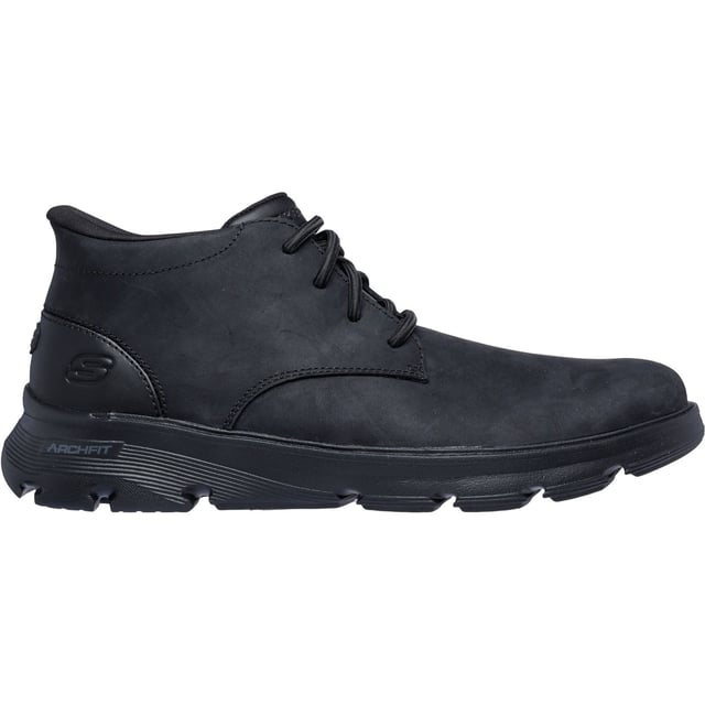 Skechers Arch Fit Garza Ridley Leder Herren Schwarz Knöchelstiefel Klassischer lässiger Stil und müheloser Komfort treffen bei den Skechers Slip-ins Garza Ridley aufeinander. Dieser Relaxed Fit-Stil verfügt über ein glattes Lederobermaterial mit abgerundeter Spitze und eine Arch Fit-Einlegesohle für zusätzliche Unterstützung.