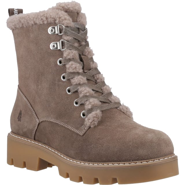 Hush Puppies Aurelia Suede Women's Taupe Winter Ankle Boots A chunky sole, lace detail and cosy fleece lined ankle boot, the Aurelia will keep you comfy, cosy and looking great on those chilly winter walks