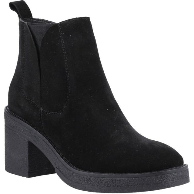 Hush Puppies Felicia Suede Women's Black Heeled Chelsea Boots Say hello to effortless style with the Felicia Boot! Crafted from real suede, this ankle boot boasts a cosy fleece lining, block heel, and WorryFree water repellent protection - perfect for all-day wear. Walk more and worry less in style.