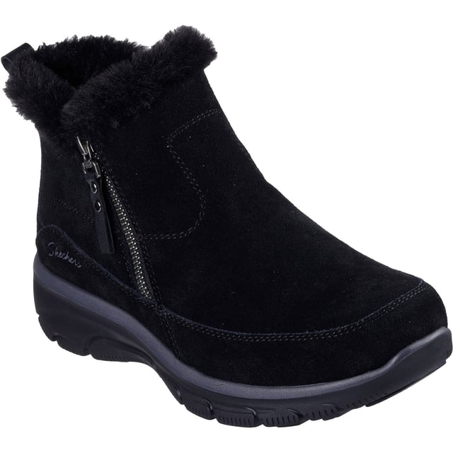 Skechers Easy Going Cool Zip! Leather Women's Black Winter Ankle Boots Stay warm all chilly season in feet-loving comfort with Skechers Relaxed Fit: Easy Going - Cool Zip! This ankle boot features a suede upper with faux fur lining, side zip closure and a Skechers Air-Cooled Memory Foam cushioned insole.