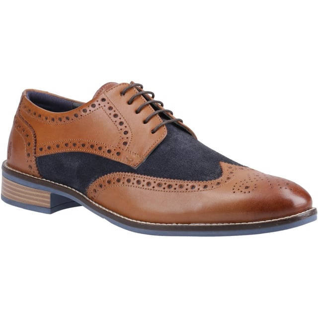 Hush Puppies Dustin Leather/Suede Men's Tan/Navy Brogues Shoes The Dustin Brogue; Features Ortholite Technology Comfort Insoles with a leather sock and lining. This Classic Brogue includes a subtle padded collar with contrasting rand detail, and the mixed textile and quality leather upper adds a stylish twist