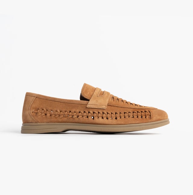 These men's loafers feature a suede upper, textile lining, and rubber sole with a slip-on design and almond-shaped toe, offering comfortable casual wear