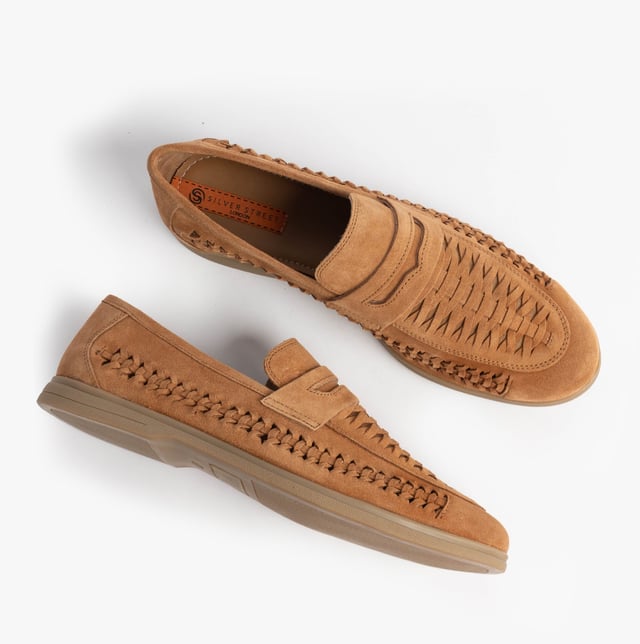 These men's loafers feature a suede upper, textile lining, and rubber sole with a slip-on design and almond-shaped toe, offering comfortable casual wear