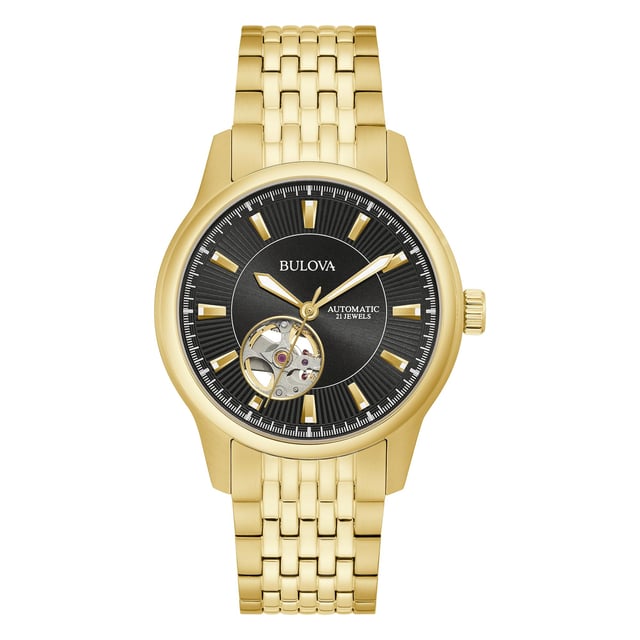 This Bulova Open Heart Analogue Watch for Men is the perfect timepiece to wear or to gift. It's Gold 40 mm Round case combined with the comfortable Gold Stainless steel watch band will ensure you enjoy this stunning timepiece without any compromise. Operated by a high quality Automatic movement and water resistant to 3 bars, your watch will keep ticking. This watch has an automatic watch movement ( recharged by any movement with your wrist; never needs a battery)  This Analogue watch is equipped with a Luminous Hands High quality Gold Stainless steel strap, measuring 21 cm in length and 19 mm in width, with a Fold over with push button clasp. Case diameter: 40 mm,case thickness: 11 mm, case colour: Gold and dial colour: Black