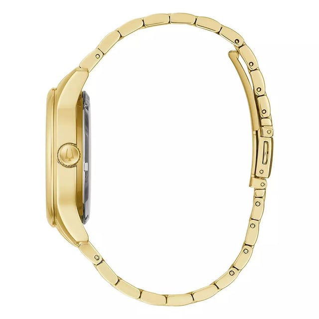 This Bulova Open Heart Analogue Watch for Men is the perfect timepiece to wear or to gift. It's Gold 40 mm Round case combined with the comfortable Gold Stainless steel watch band will ensure you enjoy this stunning timepiece without any compromise. Operated by a high quality Automatic movement and water resistant to 3 bars, your watch will keep ticking. This watch has an automatic watch movement ( recharged by any movement with your wrist; never needs a battery)  This Analogue watch is equipped with a Luminous Hands High quality Gold Stainless steel strap, measuring 21 cm in length and 19 mm in width, with a Fold over with push button clasp. Case diameter: 40 mm,case thickness: 11 mm, case colour: Gold and dial colour: Black