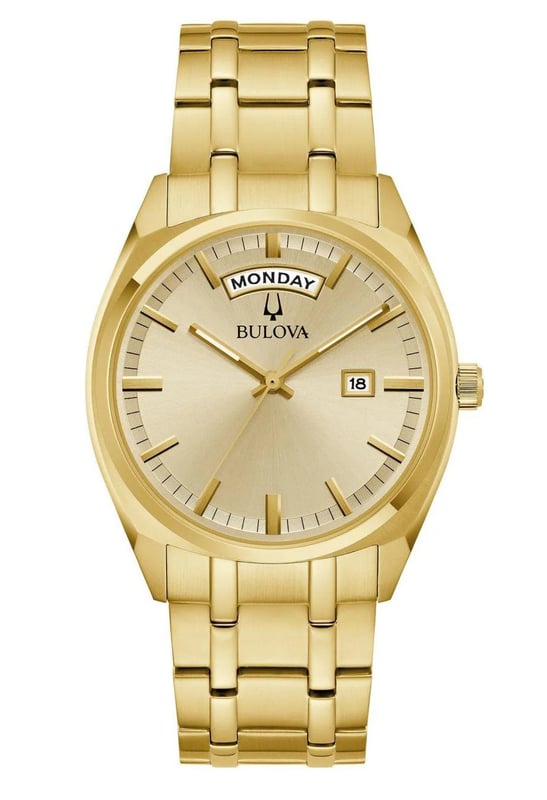 This Bulova Surveyor Analogue Watch for Men is the perfect timepiece to wear or to gift. It's Gold 39 mm Round case combined with the comfortable Gold Stainless steel watch band will ensure you enjoy this stunning timepiece without any compromise. Operated by a high quality Quartz movement and water resistant to 3 bars, your watch will keep ticking. The Bulova men’s Surveyor is defined by exceptional quality and sophisticated aesthetics. This Analogue watch features a calendar function: Day-Date and is equipped with  Luminous Hands High quality Gold Stainless steel strap, measuring 21 cm in length and 21 mm in width, with a Fold over with push button clasp. Case diameter: 39 mm,case thickness: 10 mm, case colour: Gold and dial colour: Gold