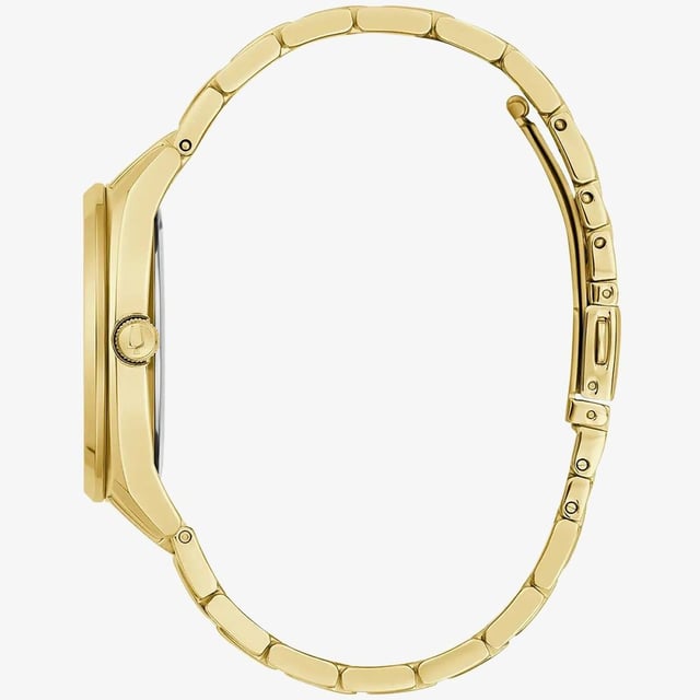 This Bulova Surveyor Analogue Watch for Men is the perfect timepiece to wear or to gift. It's Gold 39 mm Round case combined with the comfortable Gold Stainless steel watch band will ensure you enjoy this stunning timepiece without any compromise. Operated by a high quality Quartz movement and water resistant to 3 bars, your watch will keep ticking. The Bulova men’s Surveyor is defined by exceptional quality and sophisticated aesthetics. This Analogue watch features a calendar function: Day-Date and is equipped with  Luminous Hands High quality Gold Stainless steel strap, measuring 21 cm in length and 21 mm in width, with a Fold over with push button clasp. Case diameter: 39 mm,case thickness: 10 mm, case colour: Gold and dial colour: Gold