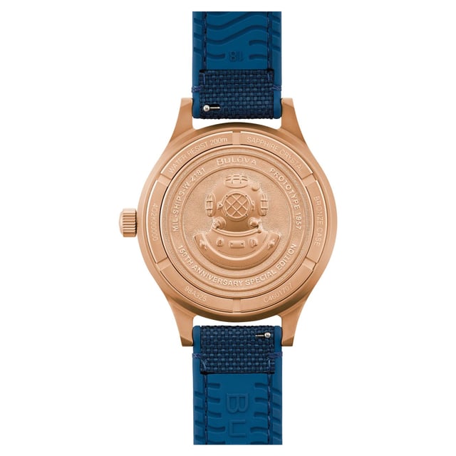 This Bulova Archive Series Mil Ships 150th Anniversary Edition Analogue Watch for Men is the perfect timepiece to wear or to gift. It's Bronze 41 mm Round case combined with the comfortable Blue Silicone watch band will ensure you enjoy this stunning timepiece without any compromise. Operated by a high quality Quartz movement and water resistant to 20 bars, your watch will keep ticking. Honoring Bulova’s military heritage and inspired by a rare 1957 U.S. Navy prototype, the Special Edition MIL-SHIPS Bronze marks Bulova’s 150th Anniversary with a tribute to innovation and craftsmanship. This Analogue watch is equipped with a Luminous Hands and a Screw Down Crown High quality Blue Silicone strap, measuring 21 cm in length and 18 mm in width, with a Buckle. Case diameter: 41 mm,case thickness: 14 mm, case colour: Bronze and dial colour: Blue