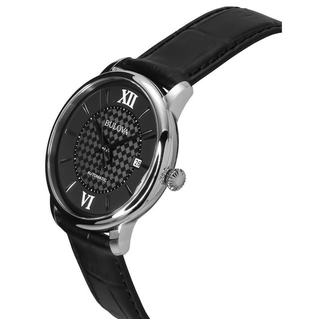 This Bulova Hudson Analogue Watch for Men is the perfect timepiece to wear or to gift. It's Silver 39 mm Round case combined with the comfortable Black Leather watch band will ensure you enjoy this stunning timepiece without any compromise. Operated by a high quality Automatic movement and water resistant to 3 bars, your watch will keep ticking. The new Bulova Hudson is set to be your favorite dress watch. Featuring a fresh case design and detailed dial, it redefines elegance with a refined presence. This Analogue watch features a calendar function: Date and is equipped with High quality Black Leather strap, measuring 21 cm in length and 19 mm in width, with a Buckle. Case diameter: 39 mm,case thickness: 12 mm, case colour: Silver and dial colour: Black