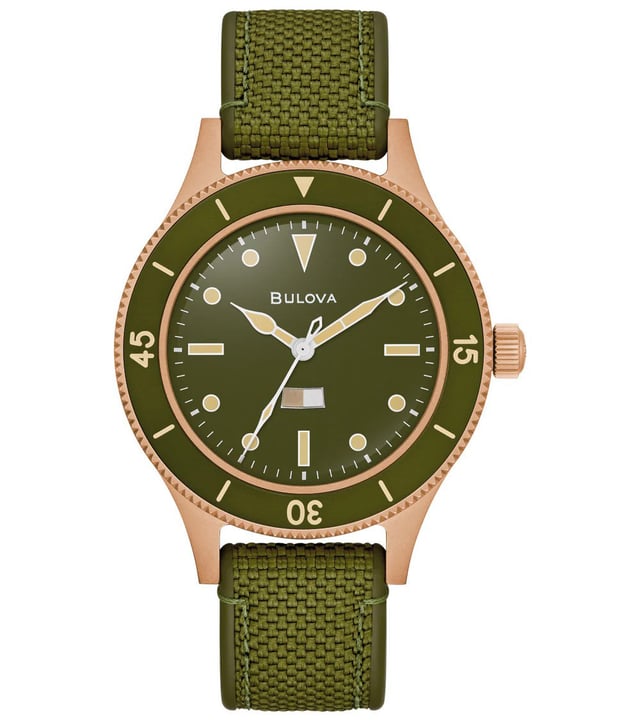 This Bulova Archive Series Mil Ships 150th Anniversary Edition Analogue Watch for Men is the perfect timepiece to wear or to gift. It's Bronze 41 mm Round case combined with the comfortable Green Silicone watch band will ensure you enjoy this stunning timepiece without any compromise. Operated by a high quality Quartz movement and water resistant to 20 bars, your watch will keep ticking. Honoring Bulova’s military legacy and a rare 1957 U.S. Navy prototype, the Special Edition MIL-SHIPS Bronze celebrates Bulova’s 150th Anniversary. This Analogue watch is equipped with a Luminous Hands and a Screw Down Crown High quality Green Silicone strap, measuring 21 cm in length and 18 mm in width, with a Buckle. Case diameter: 41 mm,case thickness: 14 mm, case colour: Bronze and dial colour: Green