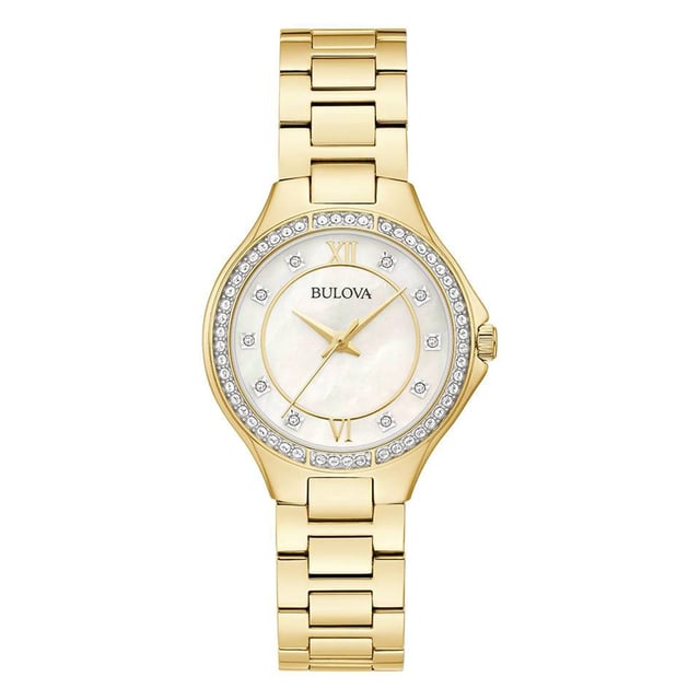 This Bulova  Analogue Watch for Women is the perfect timepiece to wear or to gift. It's Gold 30 mm Round case combined with the comfortable Gold Stainless steel watch band will ensure you enjoy this stunning timepiece without any compromise. Operated by a high quality Quartz movement and water resistant to 3 bars, your watch will keep ticking. This elegant, fashionable watch setted with 139 beautiful Swarovski©Crystals on the bracelet is a perfect gift for New Year, birthday,valentine's day and so on High quality Gold Stainless steel strap, measuring 19 cm in length and 14 mm in width, with a Fold over with push button clasp. Case diameter: 30 mm,case thickness: 9 mm, case colour: Gold and dial colour: Mother of pearl