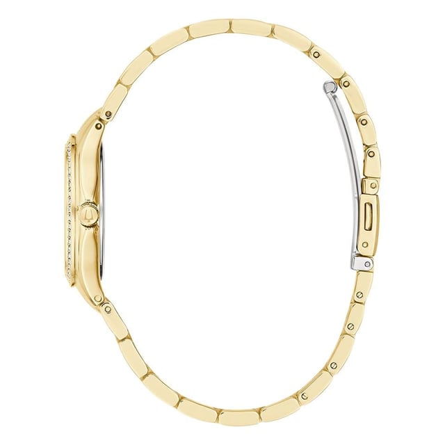 This Bulova  Analogue Watch for Women is the perfect timepiece to wear or to gift. It's Gold 30 mm Round case combined with the comfortable Gold Stainless steel watch band will ensure you enjoy this stunning timepiece without any compromise. Operated by a high quality Quartz movement and water resistant to 3 bars, your watch will keep ticking. This elegant, fashionable watch setted with 139 beautiful Swarovski©Crystals on the bracelet is a perfect gift for New Year, birthday,valentine's day and so on High quality Gold Stainless steel strap, measuring 19 cm in length and 14 mm in width, with a Fold over with push button clasp. Case diameter: 30 mm,case thickness: 9 mm, case colour: Gold and dial colour: Mother of pearl