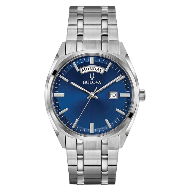 Bulova Surveyor Men's Silver Watch 96C125 This Bulova Surveyor Analogue Watch for Men is the perfect timepiece to wear or to gift. It's Silver 39 mm Round case combined with the comfortable Silver Stainless steel watch band will ensure you enjoy this stunning timepiece without any compromise. Operated by a high quality Quartz movement and water resistant to 3 bars, your watch will keep ticking. This watch from the Classic collection with its domed crystal is a perfect gift for every occasion-The watch has a calendar function: Day-Date High quality 21 cm length, 20 mm wide Silver Stainless steel strap with a Fold over with push button clasp Case diameter: 39 mm, Case height: 10 mm and Case color: Silver Dial color: Blue