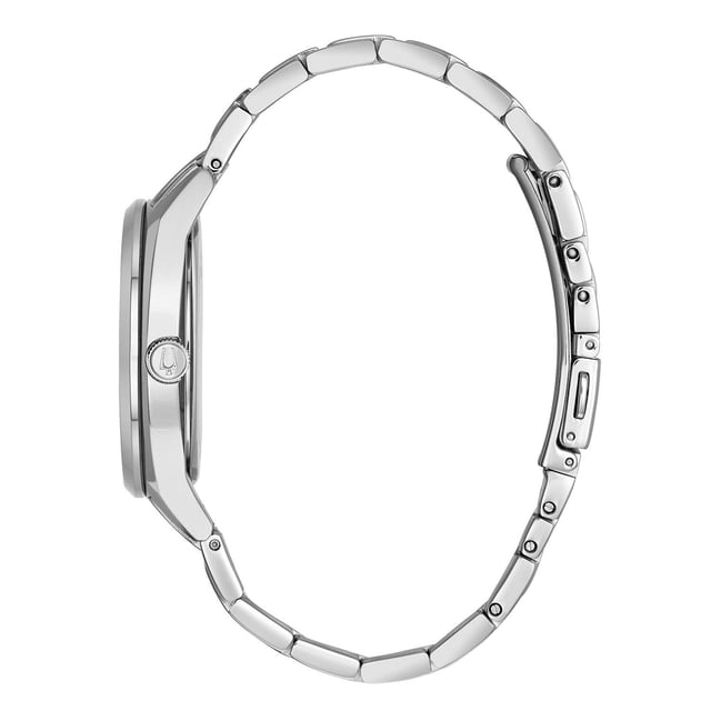 Bulova Surveyor Men's Silver Watch 96C125 This Bulova Surveyor Analogue Watch for Men is the perfect timepiece to wear or to gift. It's Silver 39 mm Round case combined with the comfortable Silver Stainless steel watch band will ensure you enjoy this stunning timepiece without any compromise. Operated by a high quality Quartz movement and water resistant to 3 bars, your watch will keep ticking. This watch from the Classic collection with its domed crystal is a perfect gift for every occasion-The watch has a calendar function: Day-Date High quality 21 cm length, 20 mm wide Silver Stainless steel strap with a Fold over with push button clasp Case diameter: 39 mm, Case height: 10 mm and Case color: Silver Dial color: Blue